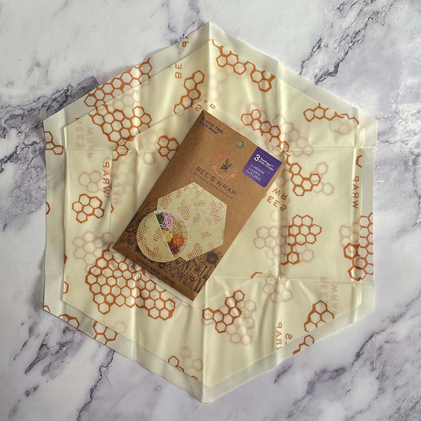 Beeswax Bowl Covers, Reusable Food Storage, 3-Pack, Honeycomb Print Detail