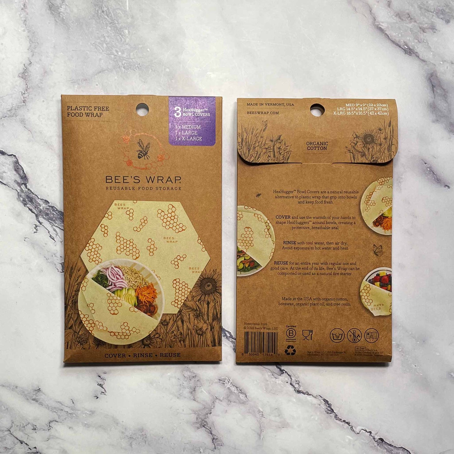 Beeswax Bowl Covers, Reusable Food Storage, 3-Pack, Honeycomb Print