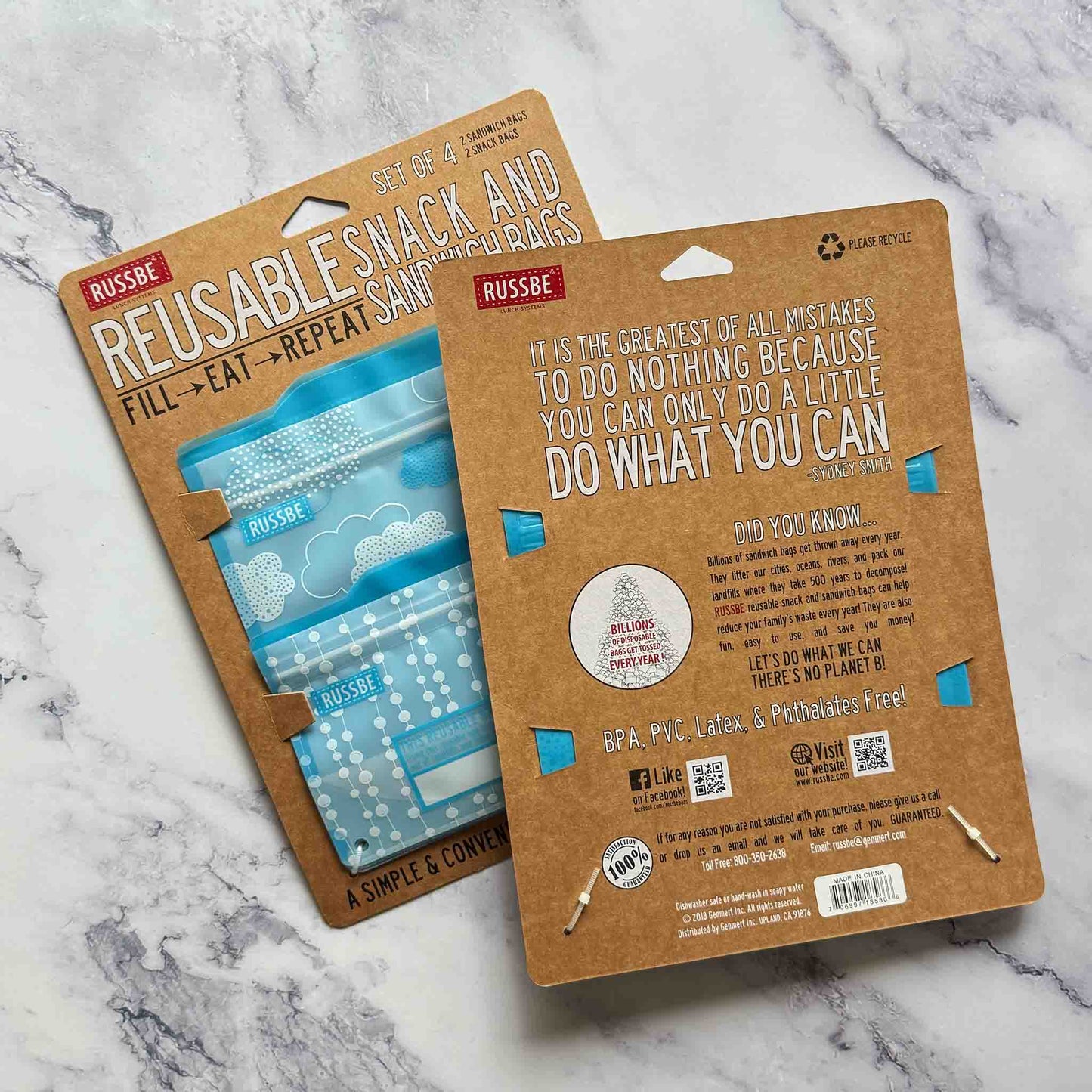 Two reusable snack and sand bags packaging on a marble surface