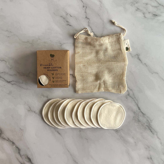 Reusable Hemp Cotton Rounds and mesh laundry bag and box