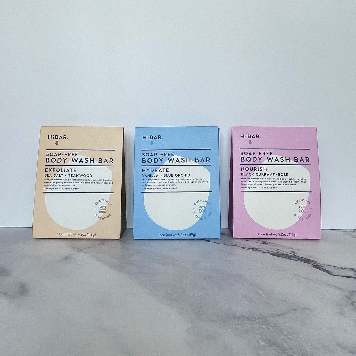 HiBAR Soap-Free Body Wash Bars Packaging: Exfoliate, Hydrate, Nourish