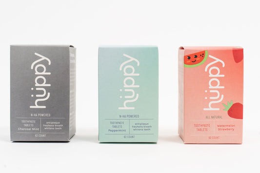Huppy Toothpaste Tablets Charcoal Mint, Peppermint, Watermelon Strawberry Flavors