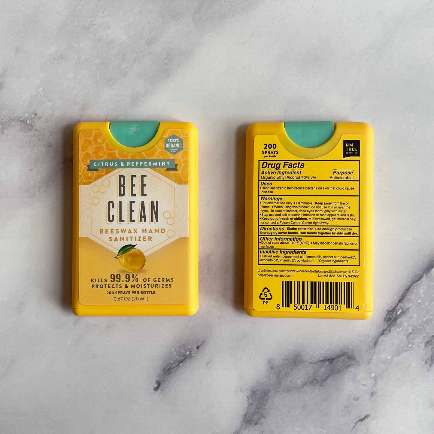 Bee Clean Beeswax Hand Sanitizer, Organic and Natural Germ Protection, Citrus & Peppermint Scent, Front and Back Packaging