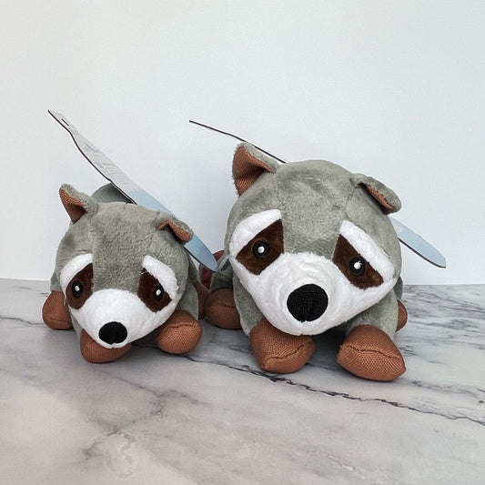 Recycled Plastic Plush Dog Toy - Small and Large Raccoon faces, side by side