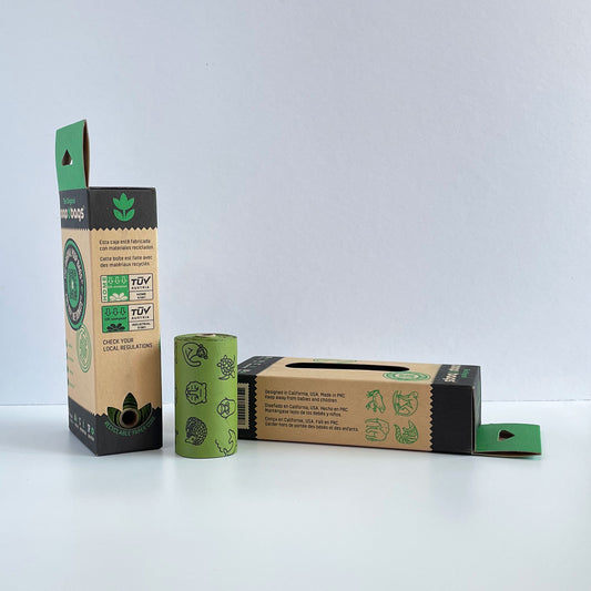 Pet Waste Bags Roll and Side of Box