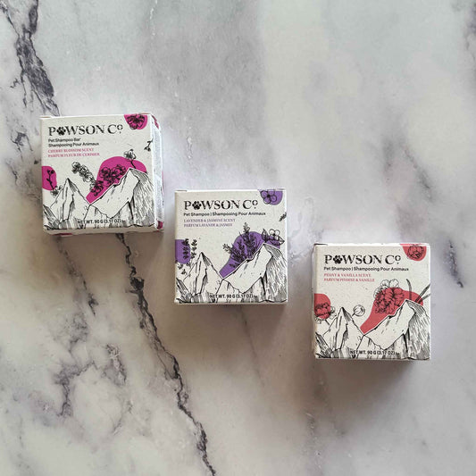 Pet Shampoo Bars on marble surface in Cherry Blossom, Lavender and Jasmine, Peony and Vanilla scents