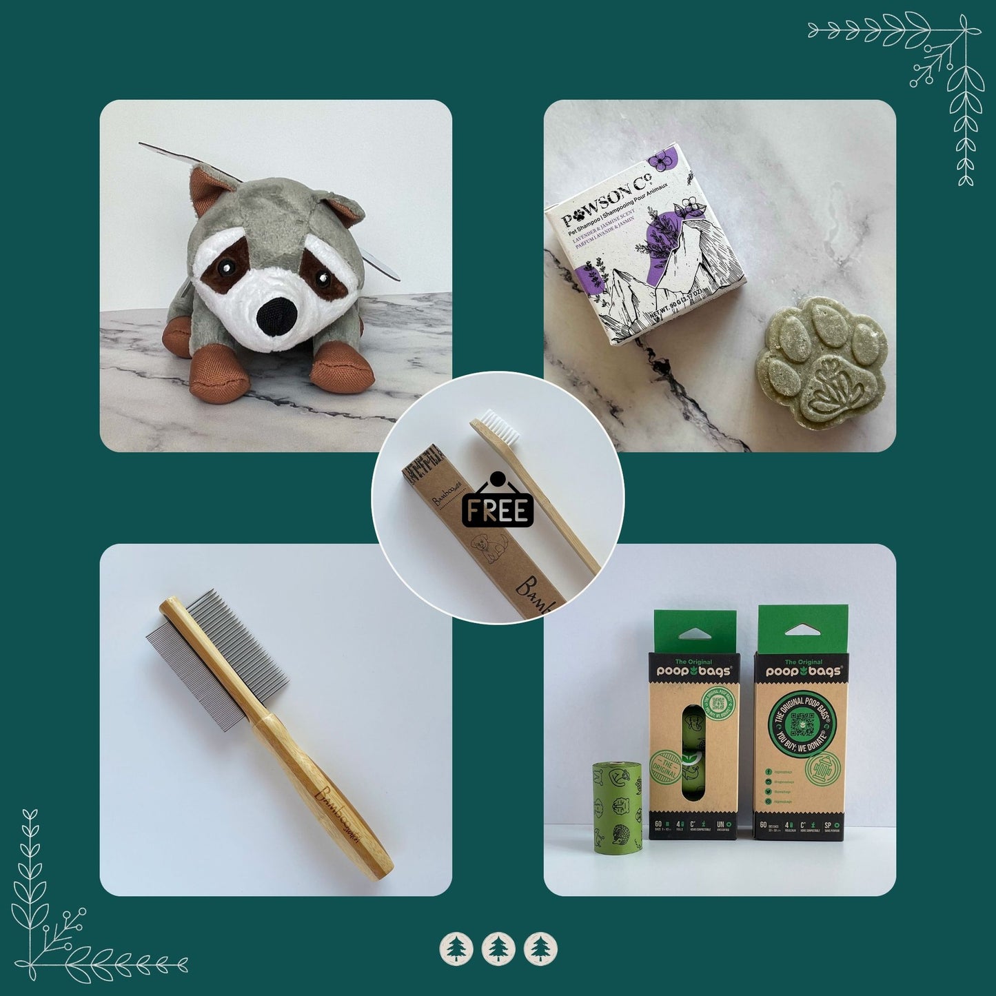 Collection of pet care products including a plush raccoon toy, grooming tools, and packaging on a green background.