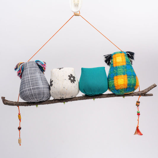 Upcycled Fabric Owl Mobile – Handcrafted Family of 4 Owls