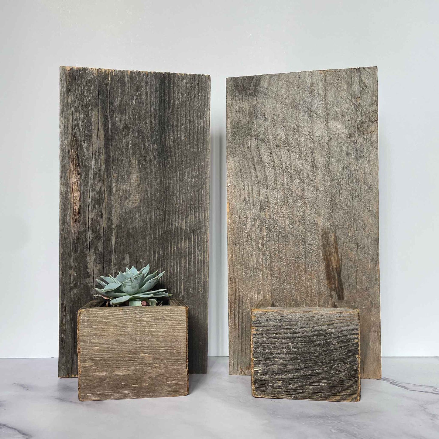 Reclaimed Wood Wall Mini Planter, 2 planters side by side, one with small plant