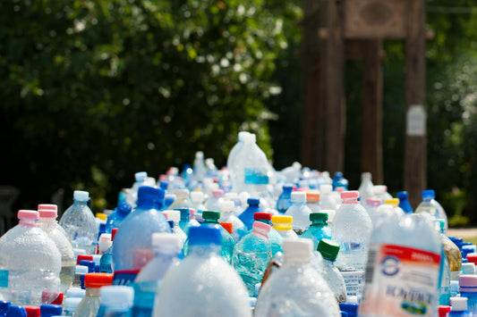 collection of plastic bottles against green trees in the background