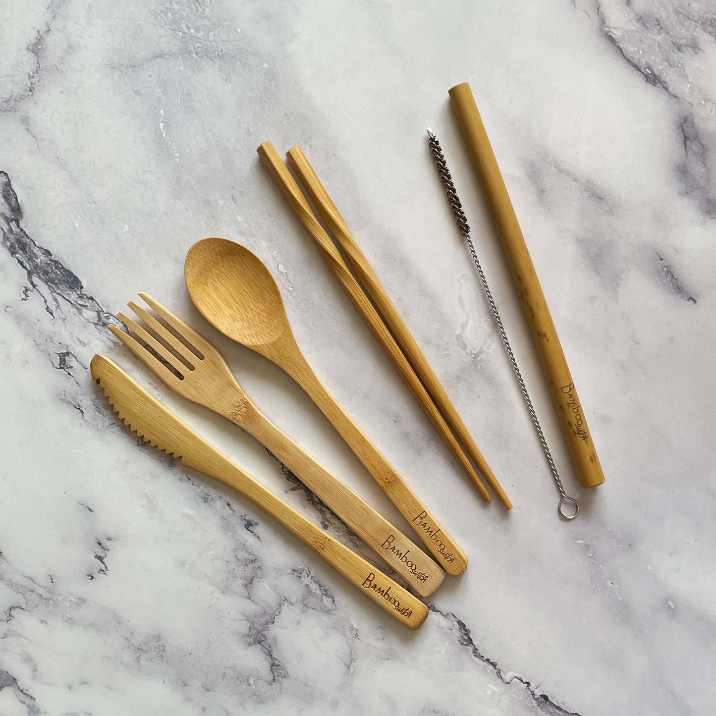 Bamboo Travel Cutlery Set including fork, spoon, knife, straw, straw cleaner, and chopsticks
