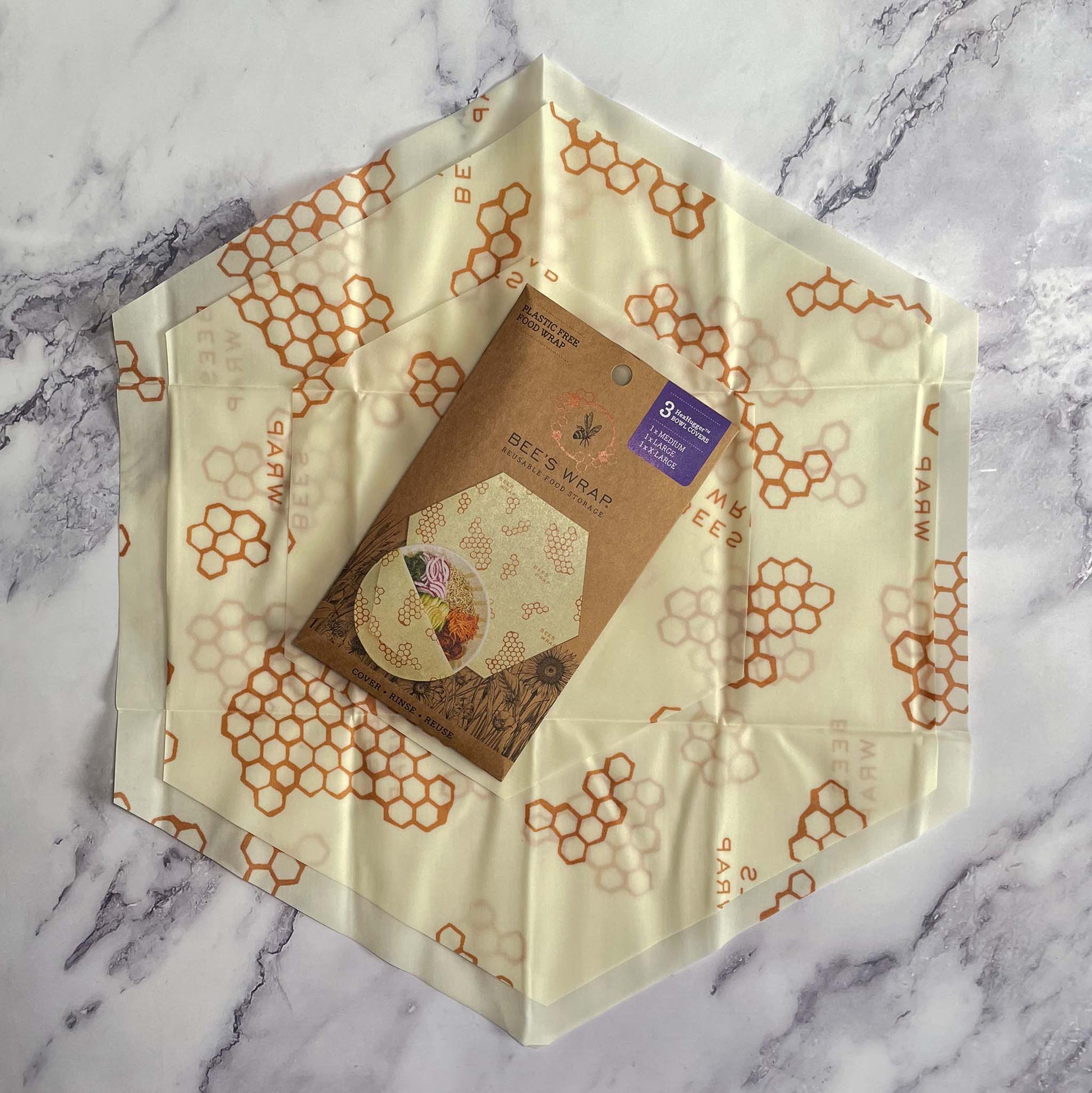 Beeswax Bowl Covers, Reusable Food Storage, 3-Pack, Honeycomb Print Detail