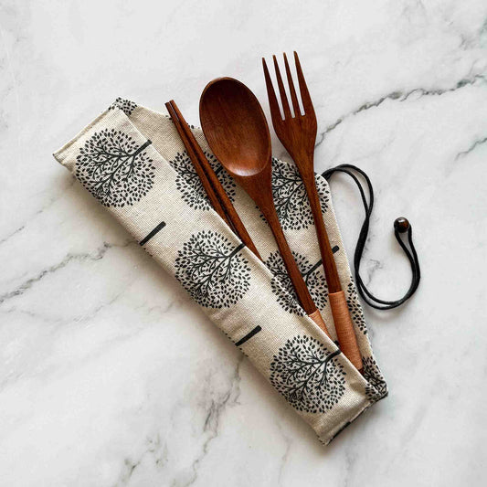 Coconut Utensil Cutlery Set including fork, spoon, chopsticks and cotton pouch