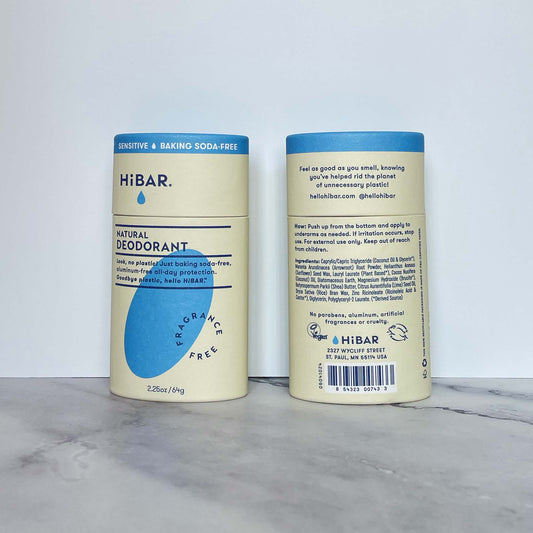 HiBAR’s vegan, plastic-free, and aluminum-free deodorant bar - Fragance Free, front and back of packaging