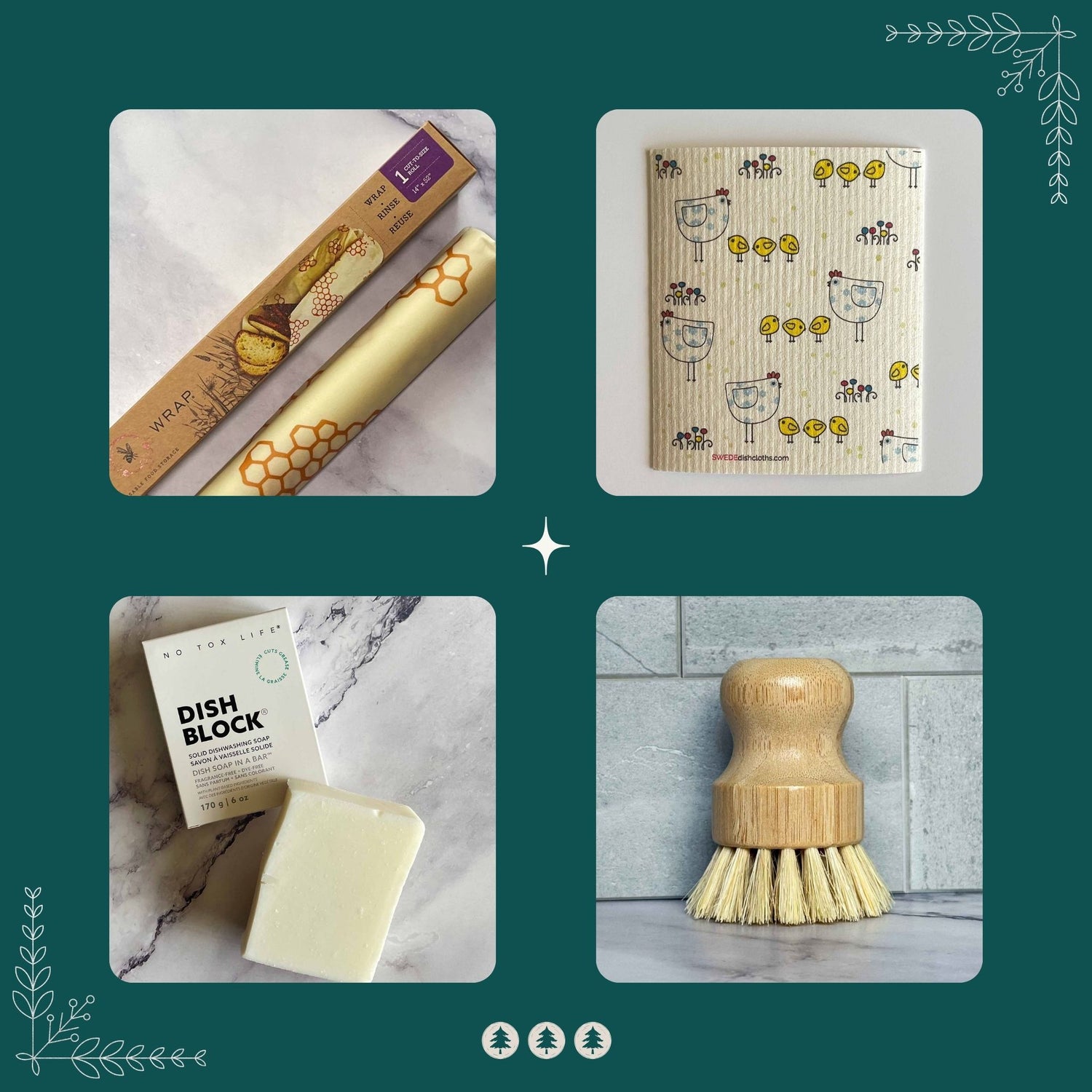Set of four images showing cleaning products including a dish block, roll of beeswax wrap, scrubber, and swedish dishcloth on a green background.