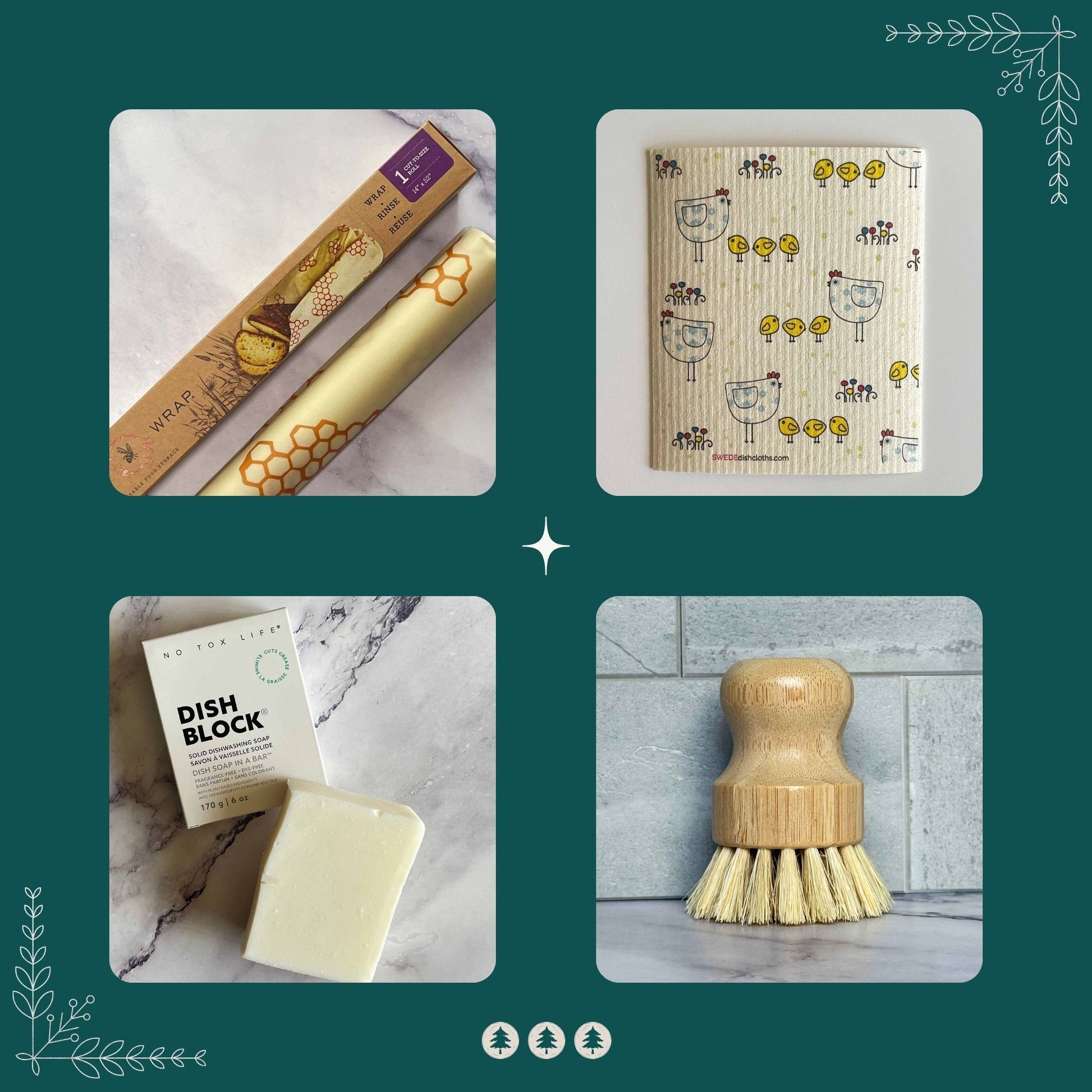 Set of four images showing cleaning products including a dish block, roll of beeswax wrap, scrubber, and swedish dishcloth on a green background.