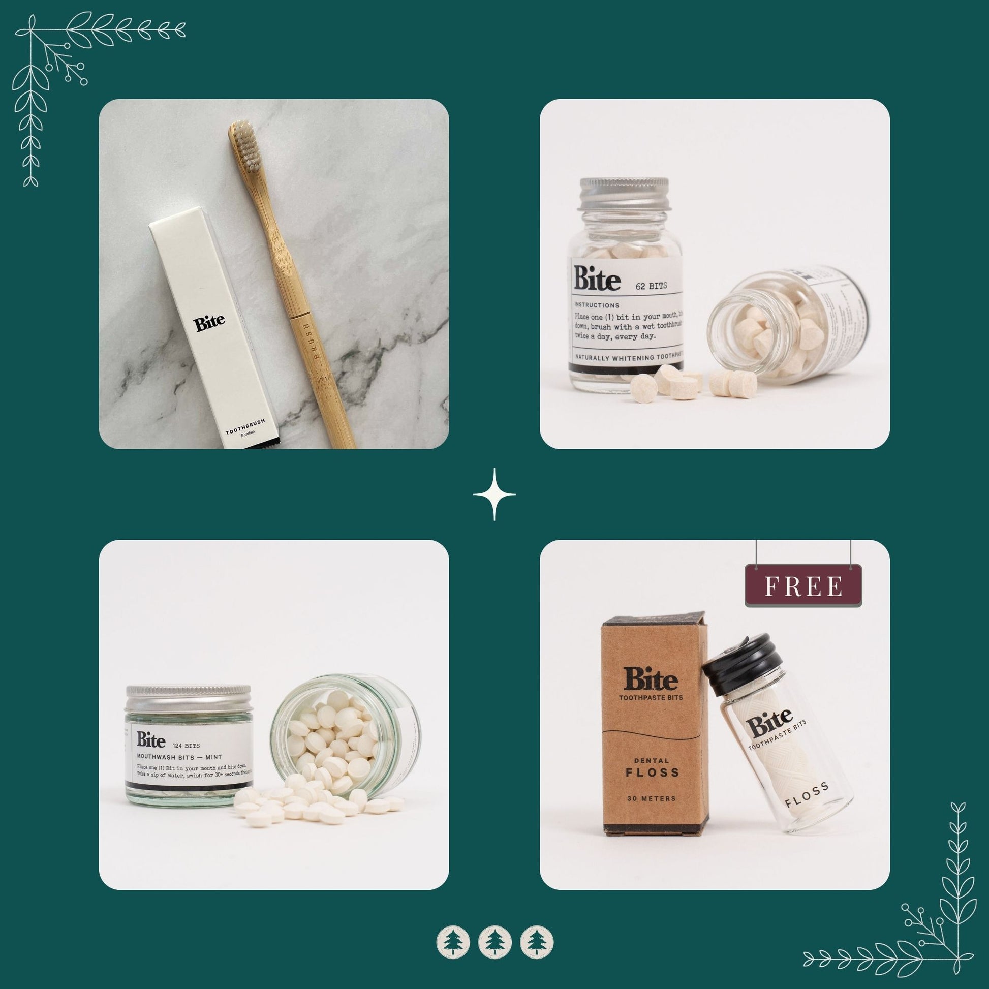 Bundle of Bite brand oral care products including toothpaste tablets, toothbrush, floss, and mouthwash tablets on a teal background.