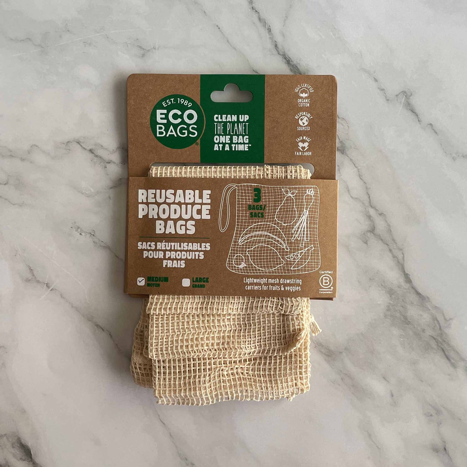Eco Bags organic reusable mesh drawstring produce bags set of 3