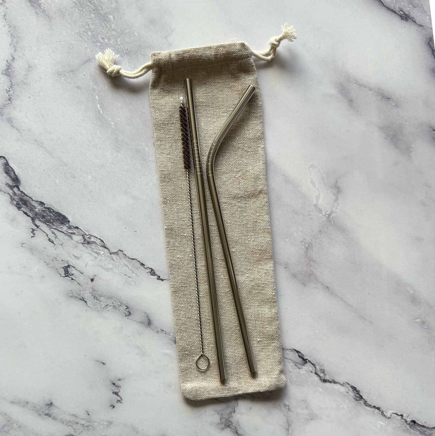 Stainless Steel Straw Set including coconut fiber straw brush, straight stainless steel straw, bent stainless steel straw, and cotton pouch