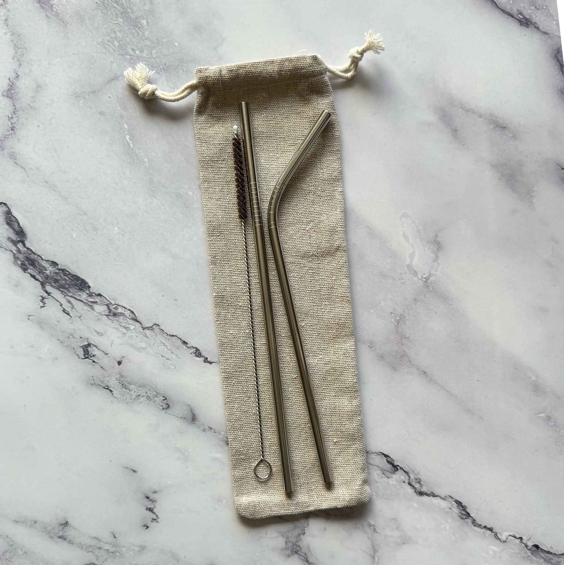 Stainless Steel Straw Set including coconut fiber straw brush, straight stainless steel straw, bent stainless steel straw, and cotton pouch