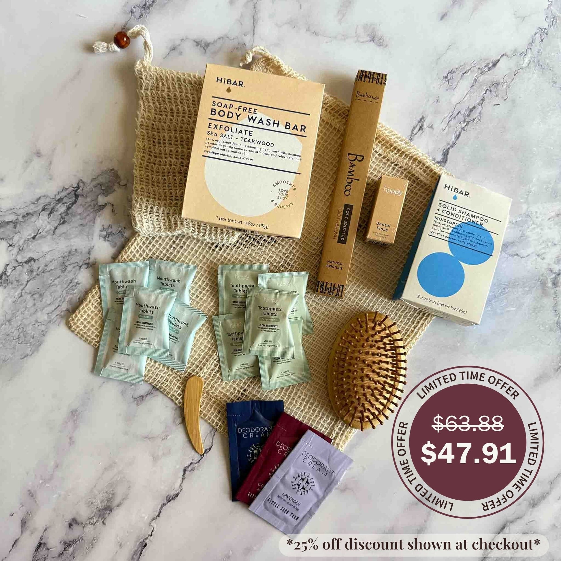 Collection of natural skin, hair and oral care, eco-friendly  products including soap bars, packets, and a brush on a marble surface with a discount label.