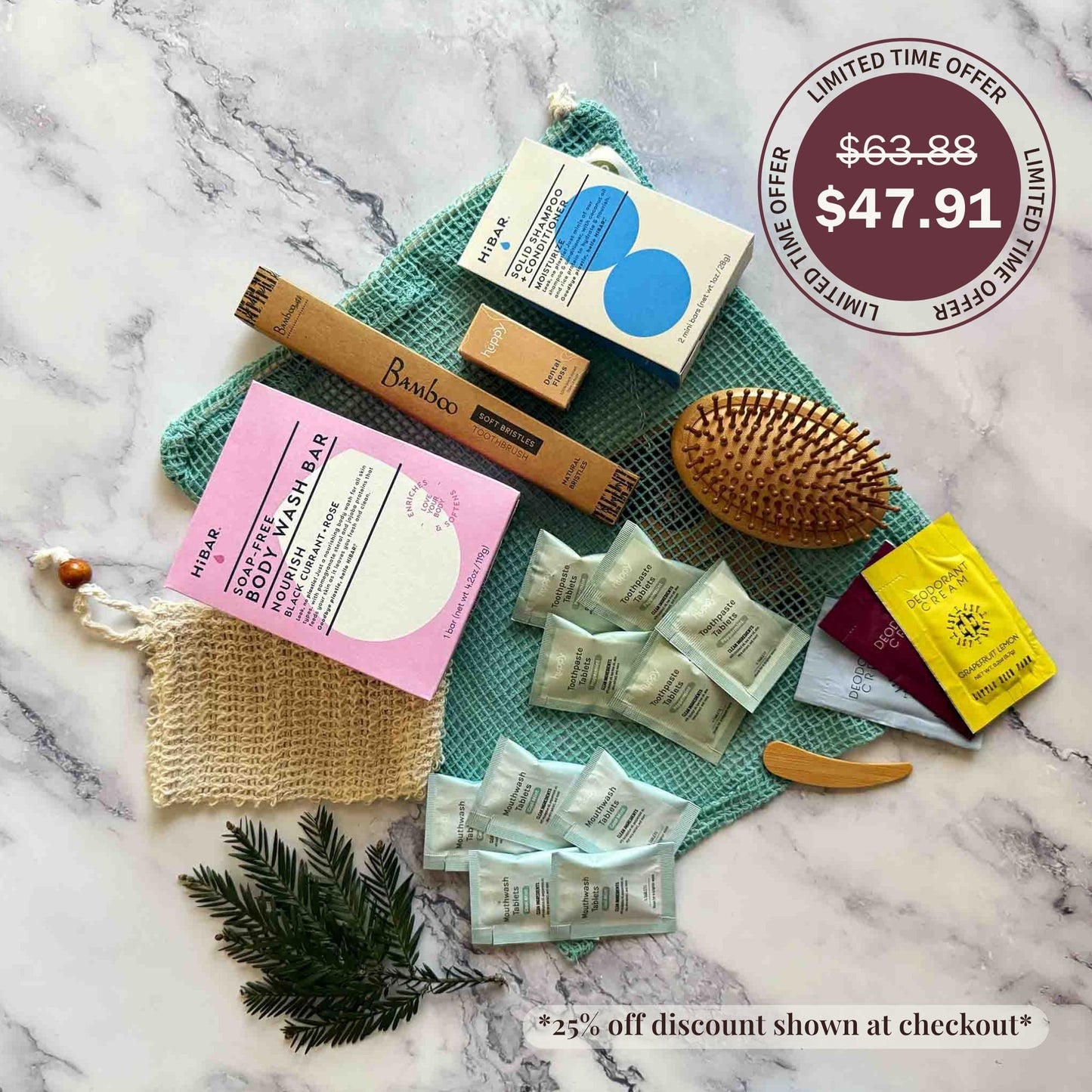 Collection of skin, hair and oral care, eco-friendly  products on a marble surface with promotional text overlay.