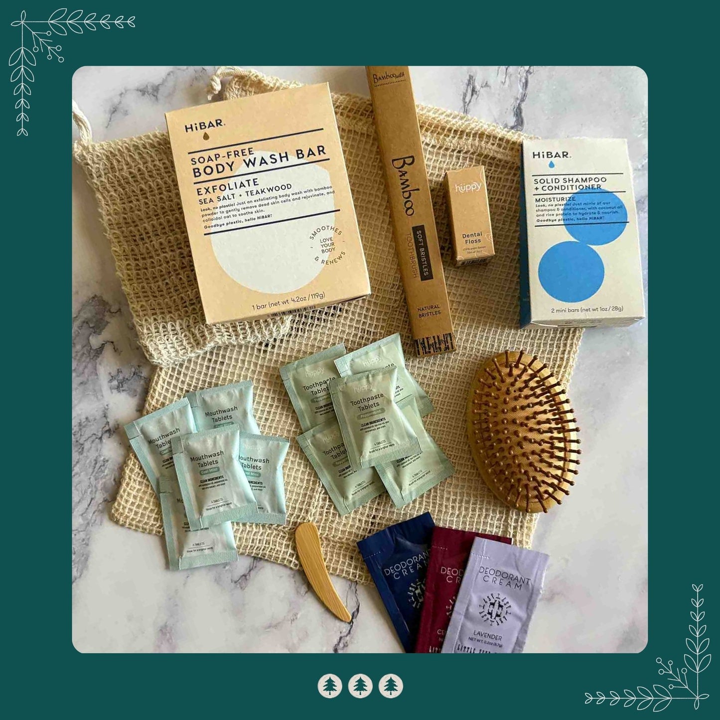 Collection of skincare, oral and hair care products on a marble surface