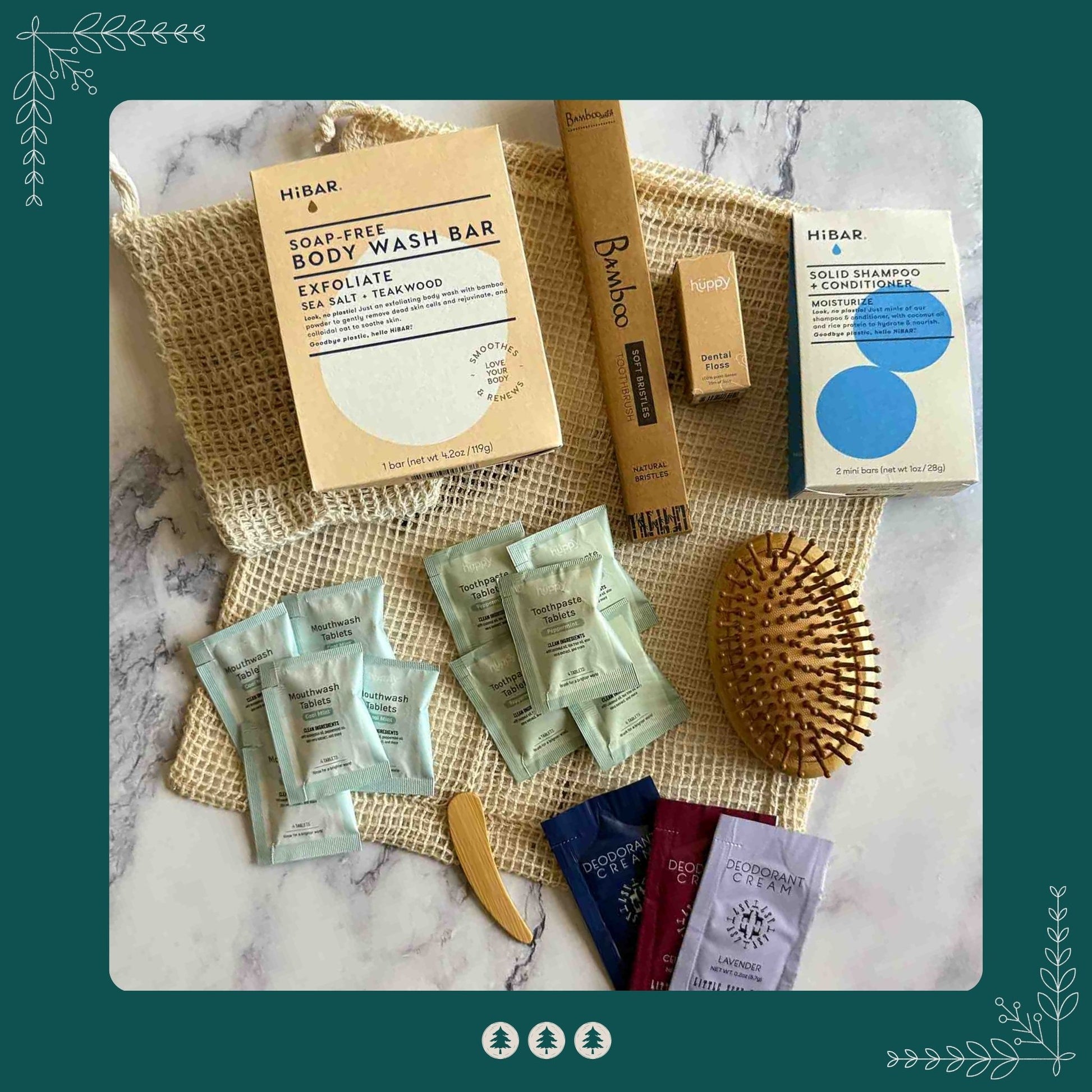 Collection of skincare, oral and hair care products on a marble surface