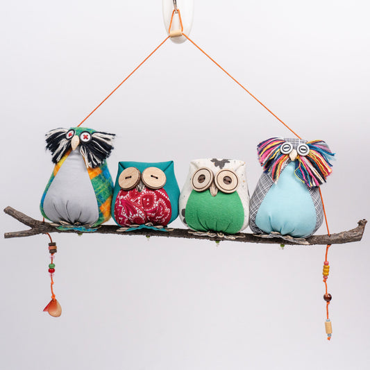 Upcycled Fabric Owl Mobile – Handcrafted Family of 4 Owls